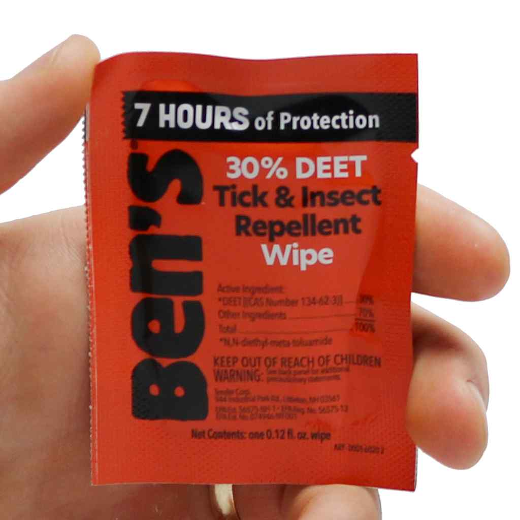 Ben's 30 Tick & Insect Repellent Wipes individual wipe in hand