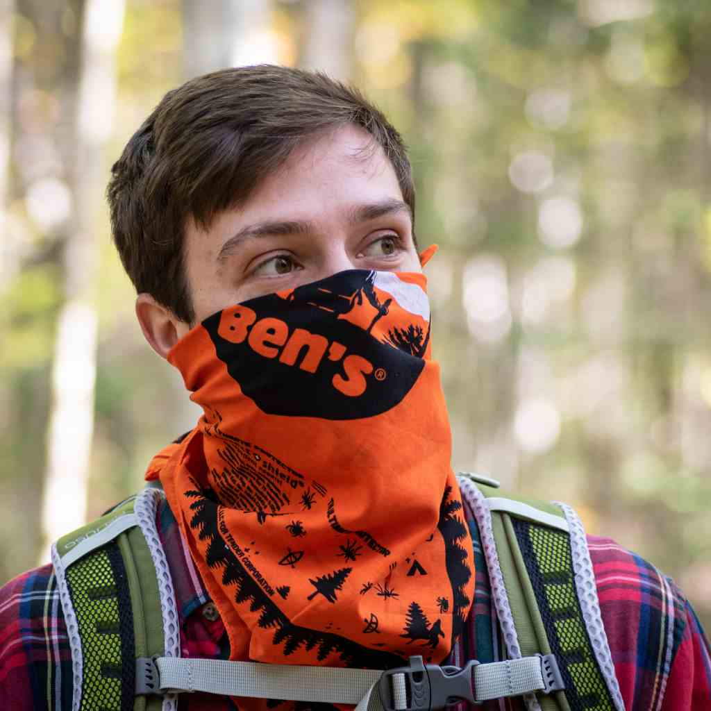 Ben's Tick & Insect Repellent Bandana with Insect Shield man wearing as face cover while hiking