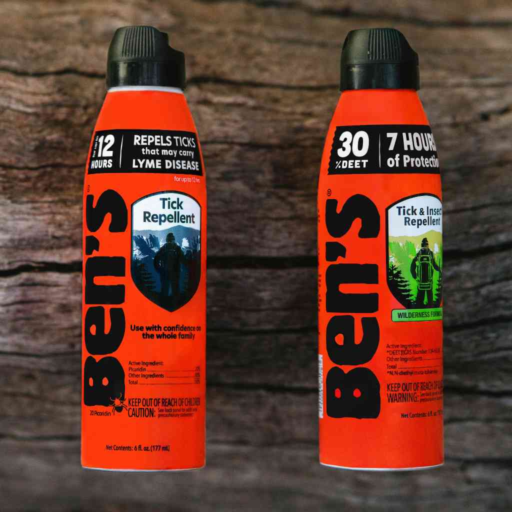 Ben's Tick Repellent 6 oz. Eco-Spray pictured next to Ben's 30 DEET on wood background