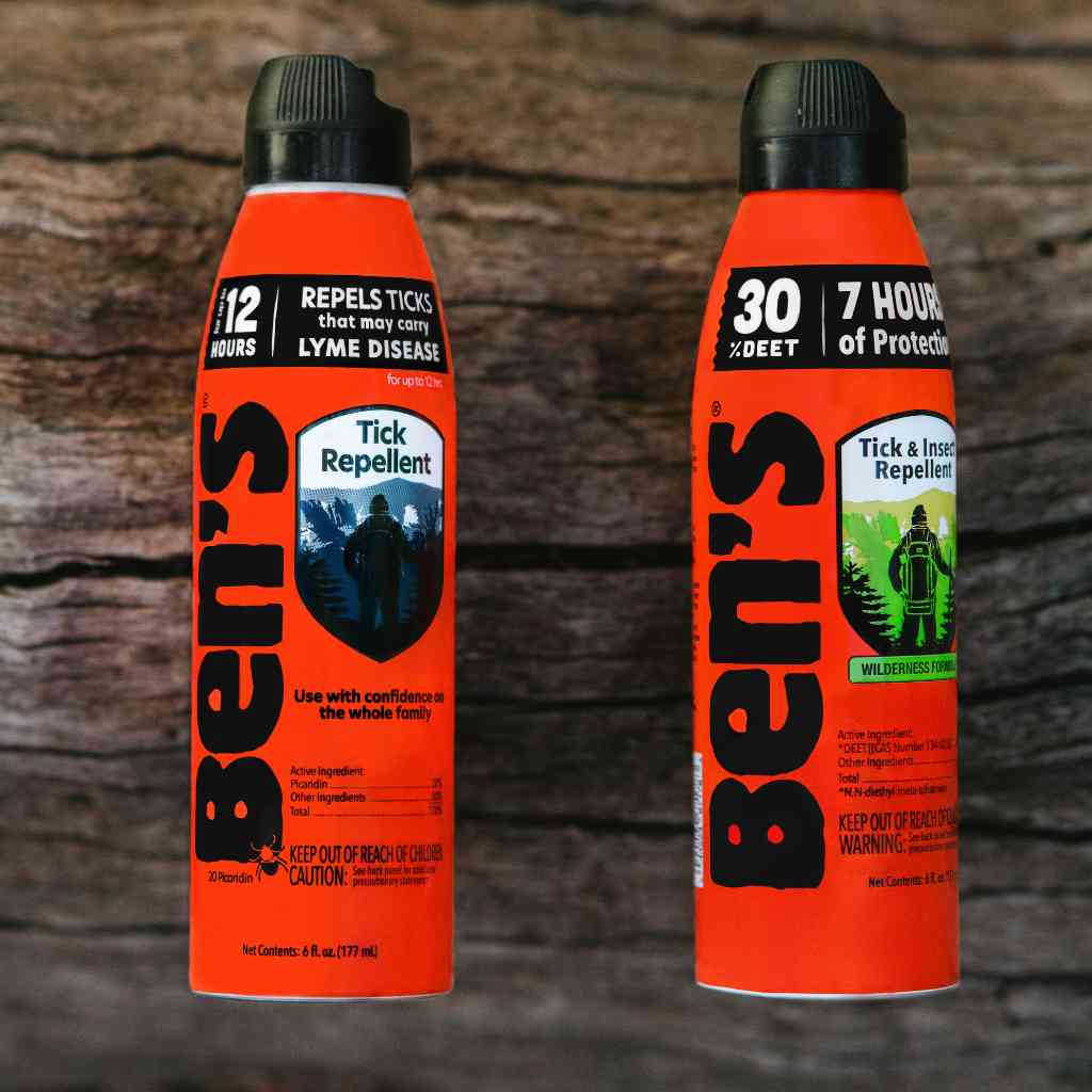 Ben's 30 Tick & Insect Repellent 6 oz. Eco-Spray posed next to Ben's Tick Repellent on wood background