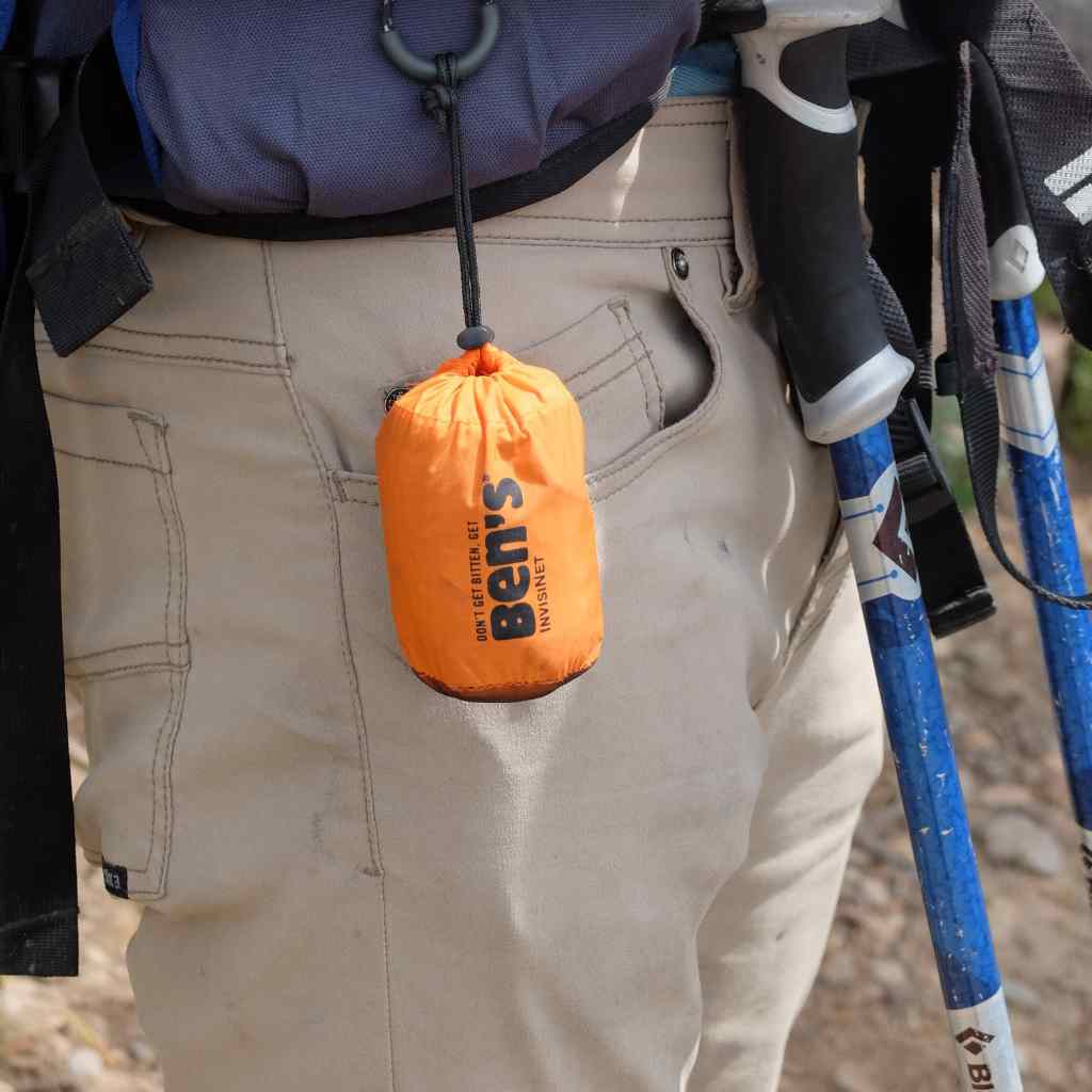 Ben's InvisiNet Head Net in sleeve hanging in front of pant leg